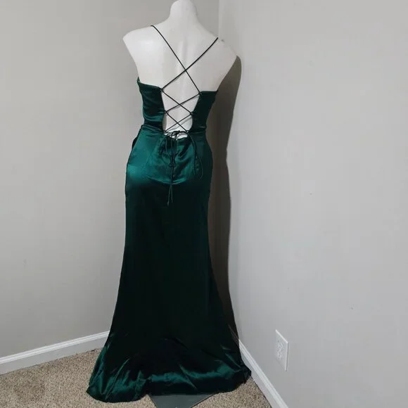 11 (fits ~8-10) GB (Gianni Bini) Emerald Green Satin Bustier Split Thigh Gown - Picture 5 of 12
